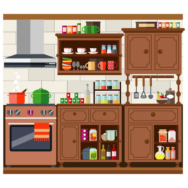 Cozy Kitchen Furniture Food Dishes Equipment Vector Illustration Theme Home — Stock Vector