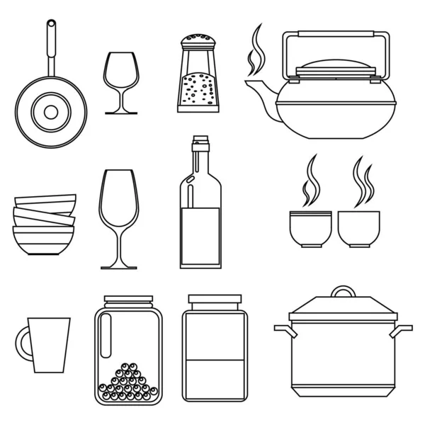 Eine Reihe Von Küchengeräten Vektorillustration Zum Thema Kochen Und Essen — Stockvektor