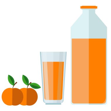 Şişede şeftali suyu ve bardak. Kayısı şeftali suyunun vektör koleksiyonunu ayarla.