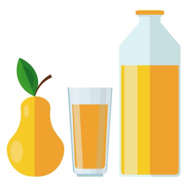 Şişe ve bardakta armut suyu. Beyaz arka planda bir armut ve bir içecek ile vektör illüstrasyonu.