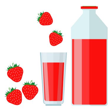 Şişe ve bardakta çilek suyu. Çilekli vektör çizimi ve beyaz arka planda bir içki..