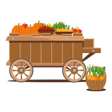 Hasat arabası. Tarımsal bitki ürünleri teması üzerine vektör illüstrasyon.