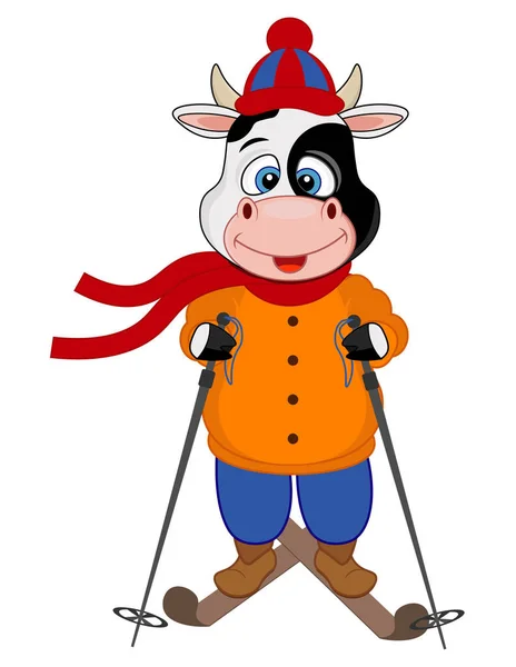 Funny Vector Bull Skis Vector Character Symbol Year Bull — Stock Vector