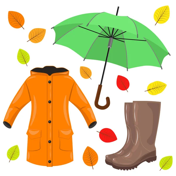 Herbstset Regenmantel Stiefel Regenschirm Und Bunte Blätter Vektorillustration — Stockvektor