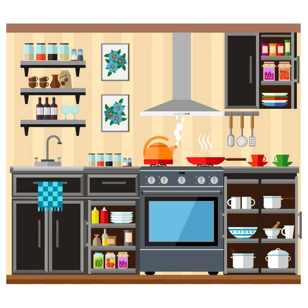 Cozy kitchen with furniture, food, dishes and equipment. Vector illustration on the theme of home interior and cooking.