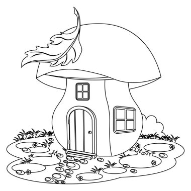 Temizleme kitabındaki peri mantarı evi. Küçük yaratıklardan oluşan bir evin vektör çizimi.