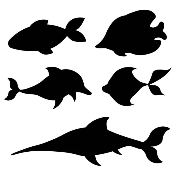 Vektorové Siluety Mořských Oceánských Ryb Ilustrace Bílém Izolovaném Pozadí — Stockový vektor