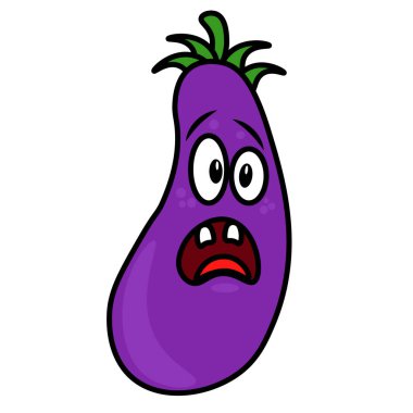 Komik korkmuş ve şaşırmış patlıcan. Çizgi film meyvesinin teması üzerine vektör illüstrasyonu.