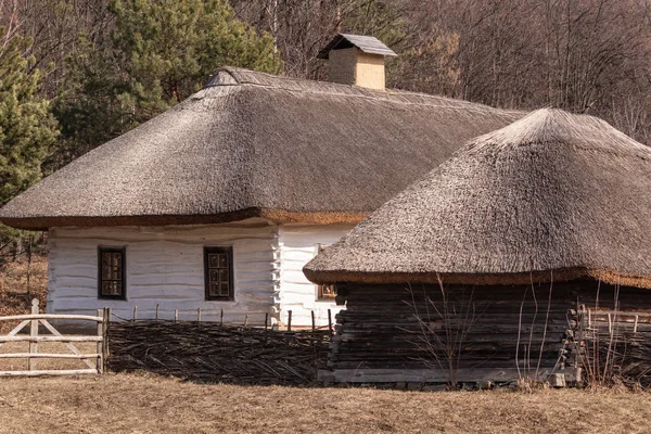 キエフの近くに Pirogovo の国立民族誌野外博物館でわらぶき屋根の伝統的なウクライナの集落 国家建築 — ストック写真