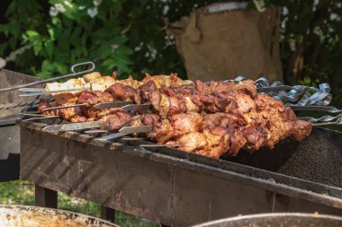 Yemek büfesi ve sağlıklı yemekler. Et, biber, baharatlar, ızgara sebzeler. Sokaklarda balık ve et, yiyecek pazarı, festival, etkinlik. Açık havada mutfak..