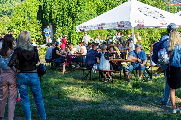 KYIV, UKRAINE - 12 Eylül 2020: Gürcistan şarabı ve Kartuli Festivali 2020 mutfağının kutlanması. Açık havada toplu kutlamalar, geleneksel Gürcü içecekleri ve çeşitli yiyecekler tatmak..