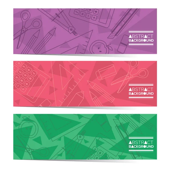 Éducation Fournitures scolaires Icône doublée Trois bannières horizontales Illustration vectorielle — Image vectorielle