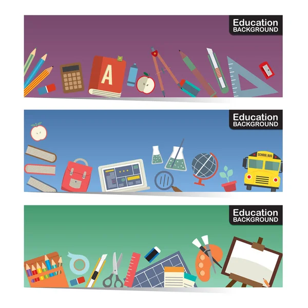 Szkoła Edukacji dostarcza płaskie ikona rzeczy trzy poziomy transparent wektor zestaw ilustracji — Wektor stockowy