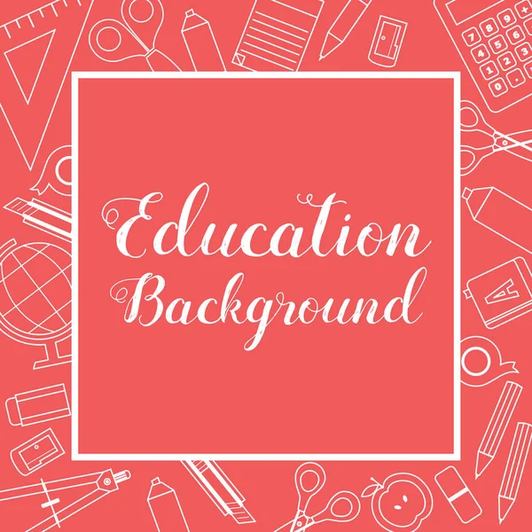 Education School Supplies Lined Icon Stuff Square Banner Red Background Vector Illustration — Stock Vector