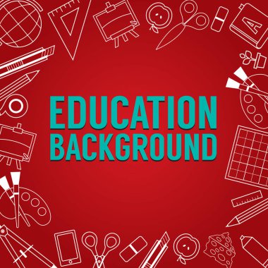 Eğitim Okul Malzemeleri Astarlı Simge Şeyler Kare Sınır Afiş Kırmızı Arka Plan Vektör İllüstrasyon