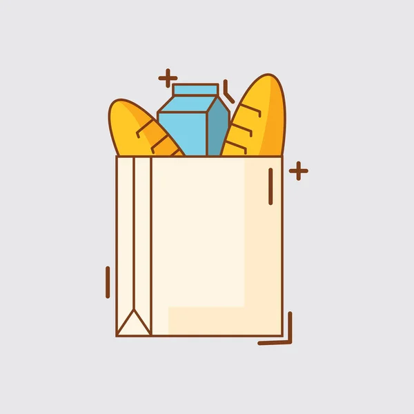 Flaches Design Papiertüte Mit Milch Und Brot Symbol Vector Illustration — Stockvektor
