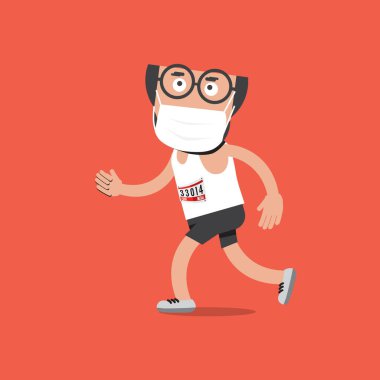 Koşan Adamlar Koşu Maratonu Sağlıklı Kavram Vektörü İllüstrasyonunda Tıbbi Maske Takıyor.