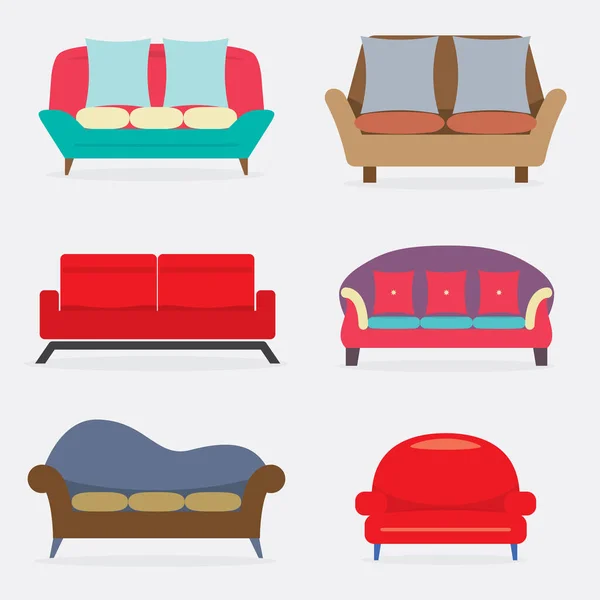 Flaches Design Vintage Buntes Sofa Set Vektor Illustration — Stockvektor