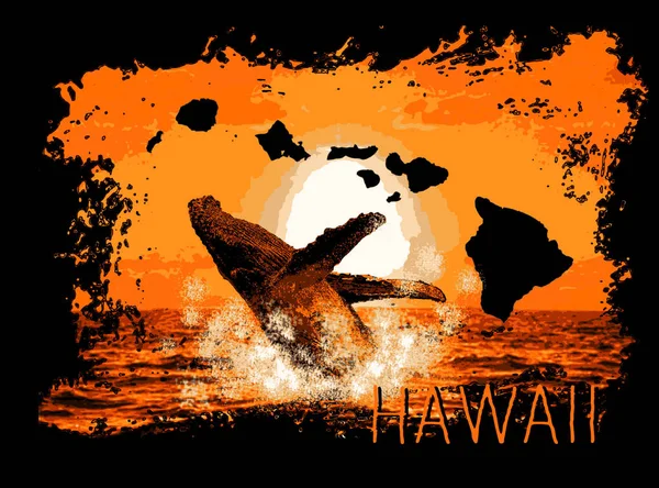 鲸鱼的剪影在海洋和夏威夷海岛反对日落 — 图库矢量图片