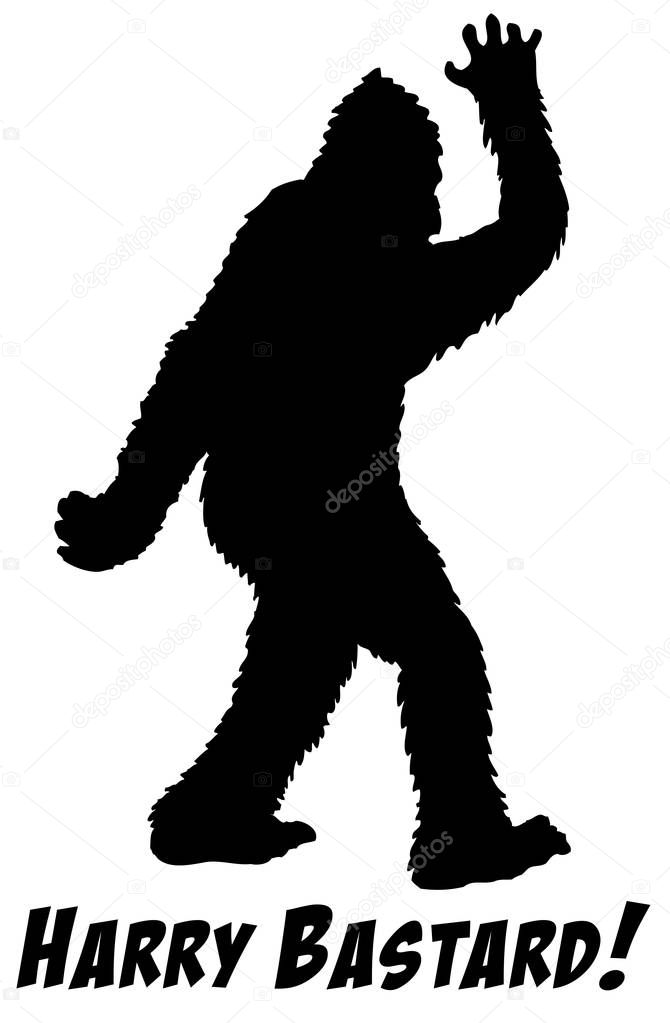 Black and white vector illustration of bigfoot silhouette with text Harry Bustard!