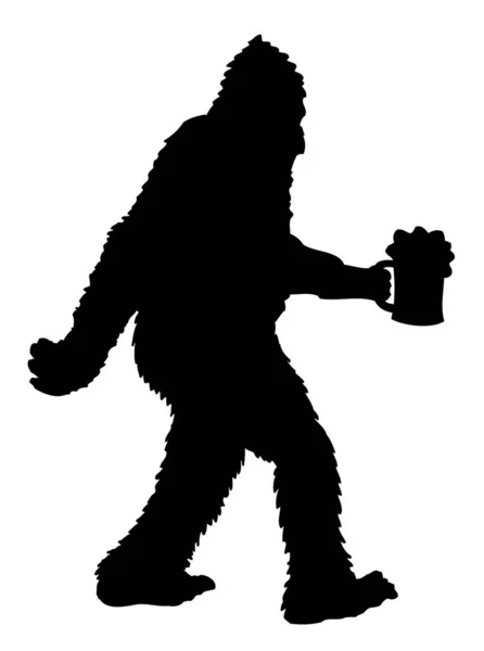 Silueta Bigfoot Blanco Negro Con Taza Cerveza Ilustración Vectorial Simple — Vector de stock