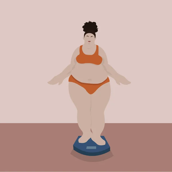 Mujer Gorda Que Mide Peso Ropa Interior Naranja Ilustración Color — Vector de stock