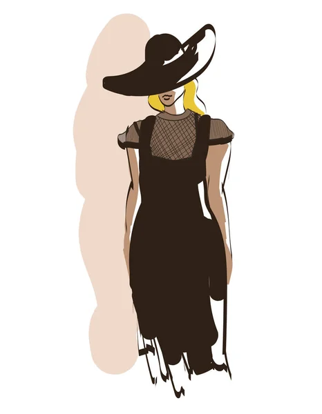 Mode Dame Blonde Robe Noire Par Christian Dior Chapeau Noir Vecteur En Vente