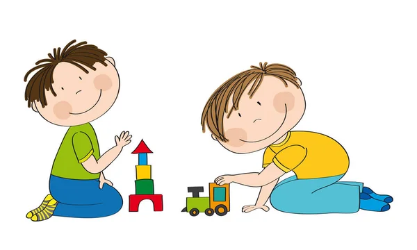 Crianças Pré Escolares Felizes Dois Garotinhos Ajoelhados Chão Está Construindo —  Vetores de Stock