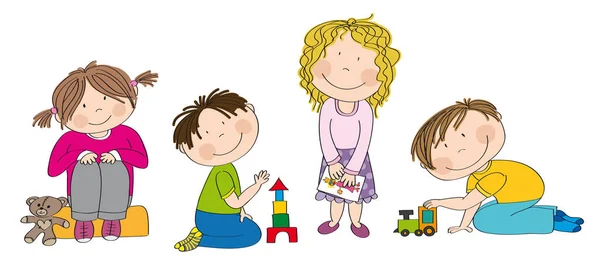 Malé Předškolní Děti Stavební Cihly Hraní Hračkami Kreslení Obrázků Originální — Stockový vektor