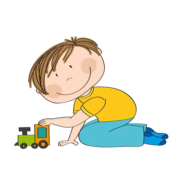 Χαριτωμένο Μικρό Ευτυχισμένο Αγόρι Είναι Γονατιστή Στο Πάτωμα Και Παίζει — Διανυσματικό Αρχείο