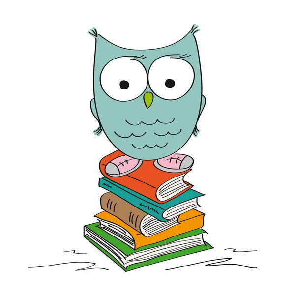 Hibou Drôle Sage Debout Sur Pile Livres Portant Des Chaussures — Image vectorielle