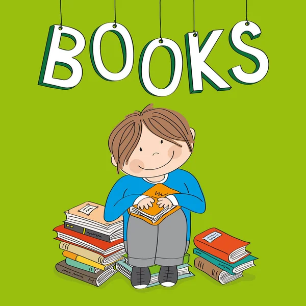 Cute Little Boy Sitting Pile Books Surrounded Books Enjoying Reading — Stock Vector