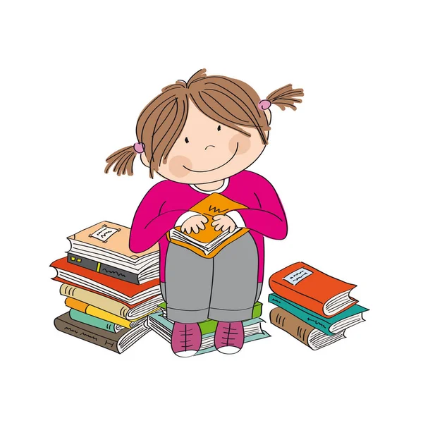 Cute Little Girl Sitting Pile Books Surrounded Books Enjoying Reading — Stock Vector