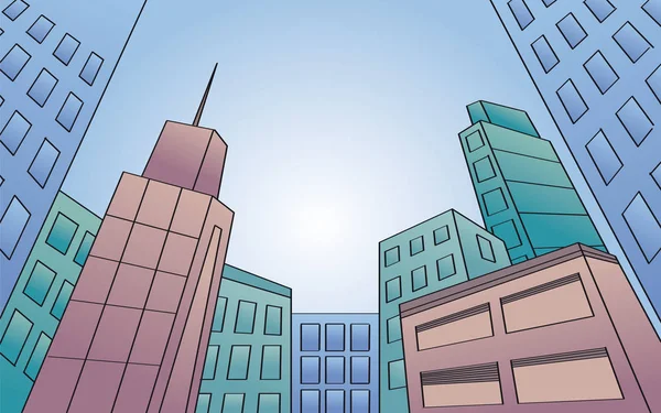 Modern Stad Med Skyskrapor Visa Underifrån Lutande Perspektiv Original Hand — Stock vektor