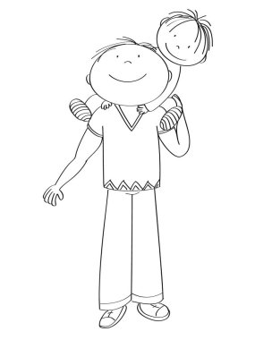 Küçük çocuk, onun oğlu, onun omuzlarında taşıyan mutlu baba. Sevimli çocuk gülümsüyor. Orijinal el çizilen illüstrasyon.