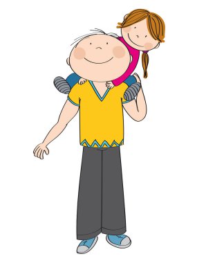 Küçük çocuk, onun kızı, onun omuzlarında taşıyan mutlu baba. Sevimli kız gülümsüyor. Orijinal el çizilen illüstrasyon.