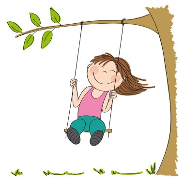 Salıncak, Bahçe veya park - orijinal elle çizilmiş illüstrasyon ağacın altında sallanan üzerinde oturan mutlu küçük kız.