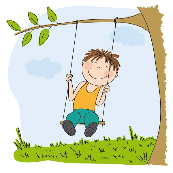 Menino Feliz Sentado Balanço Balançando Sob Árvore Jardim Parque Ilustração — Vetor de Stock