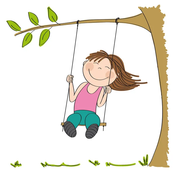 Salıncak, Bahçe veya park - orijinal elle çizilmiş illüstrasyon ağacın altında sallanan üzerinde oturan mutlu küçük kız.