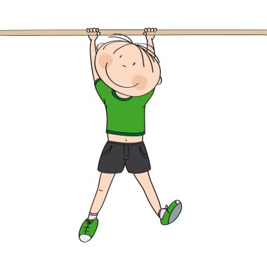 Mutlu çocuk bir jimnastik çubuğu veya bir maymun bar salonunda ya da oyun üzerinde asılı