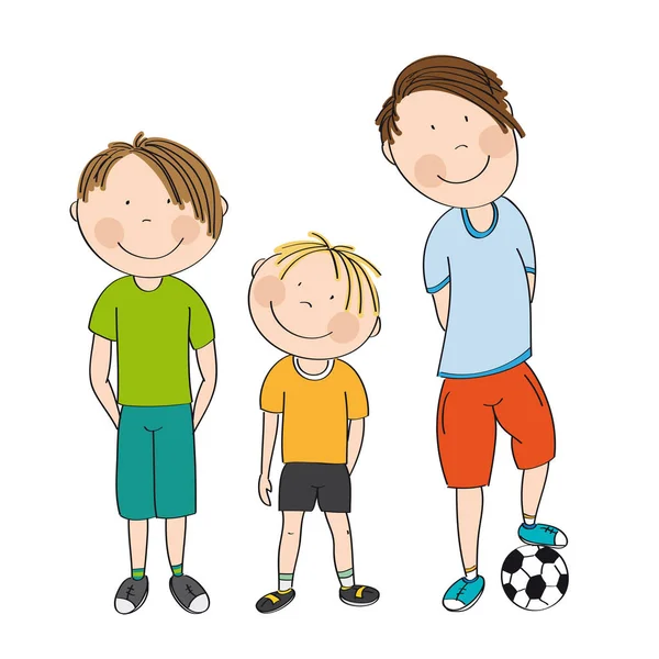 Tři chlapci s míčem, jste připraveni hrát fotbal / fotbal - originální ručně nakreslený obrázek — Stockový vektor