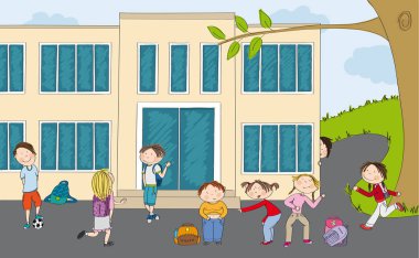 Group of pupils in front of the school. Boy with ball, teenage boy meeting his girlfriend, little girls bullying poor fat boy, boy hiding behind the school building and girl running to the school.