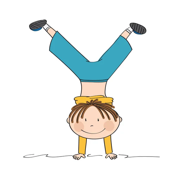 Exercising Boy Having Fun Smiling Doing Handstand Original Hand Drawn — Stock Vector