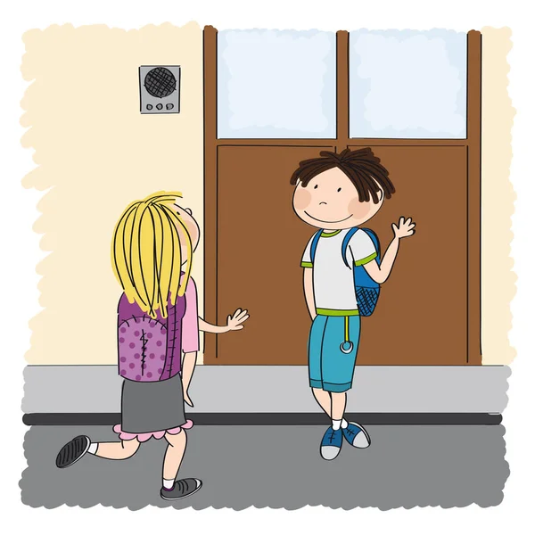 十几岁的爱 年轻的小学生在学校大楼前会见他的同学 金发女郎 他们在挥手 互相打招呼 手绘插图原件 — 图库矢量图片