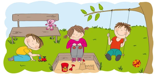 Gelukkige preschool kinderen spelen buiten in het park / tuin. Originele hand getekende illustratie. — Stockvector