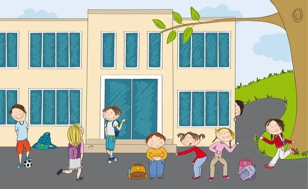 Sekelompok murid di depan sekolah. Laki-laki dengan bola, remaja laki-laki bertemu pacarnya, gadis kecil bullying anak gemuk miskin, anak laki-laki bersembunyi di belakang gedung sekolah dan gadis berlari ke sekolah
. — Stok Ilustrasi Sekelompok Murid Depan Sekolah Laki Laki Dengan Bola Remaja Laki Grafik Vektor