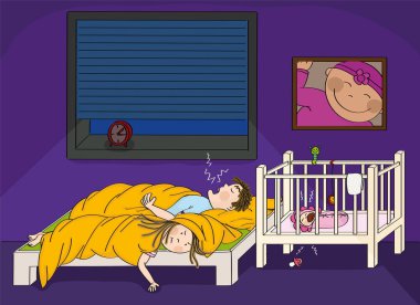 Yorgun kadın kocasının horlama ve onun yeni doğan çocuk bebek karyolası - orijinal ağlıyor sorun çizilen illüstrasyon el.