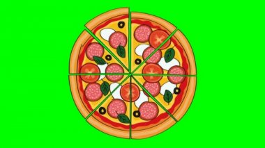 Lezzetli arıyorum dilimlenmiş salam pizza domates, mozzarella peyniri, zeytin ve fesleğen ile gösterilmiştir. Animasyon chroma anahtar yeşil ekran arka plan üzerinde kaybolan dilimleri.