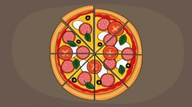 Lezzetli arıyorum dilimlenmiş salam pizza domates, mozzarella peyniri, zeytin ve fesleğen ile gösterilmiştir. Animasyon yok olan dilimleri.
