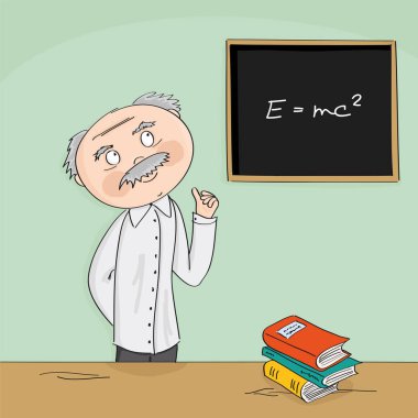 Bilge eski akademik Profesör önünde kara tahta öğretim. Sınıfta masanın arkasında duran kolej sınıf veya üniversite öğretmen. Orijinal el çizilen illüstrasyon.